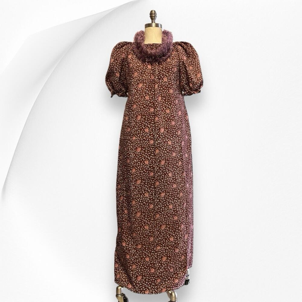 Vintage Hawaiian Muumuu Maxi Dress Cottagecore Ditsy Florals Brown Size Medium